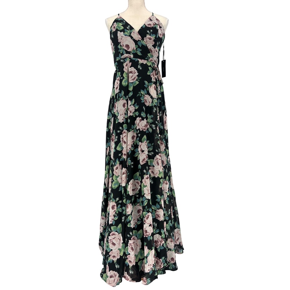 Lulus Black Floral Maxi Wrap Dress XL Pink Rose Print Lined Sleeveless Wedding